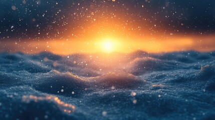 Fototapeta premium Breathtaking Sunrise Over Snow-Covered Landscape with Falling Snowflakes and Warm Glow
