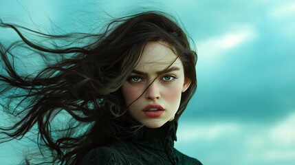 3D portrait of a woman with a fierce expression, her hair flowing in the wind, set against a stormy sky.