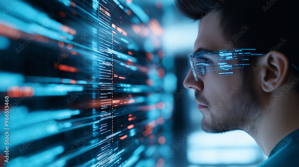 Aufkleber 3d rendering of a man with a focused look, his background a high-tech lab, representing innovation.