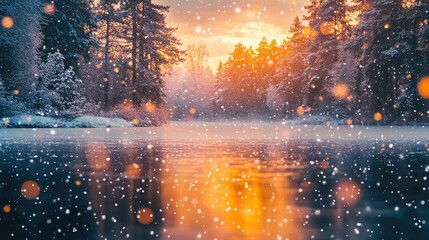 Enchanting Winter Sunset Over Snowy Forest Lake with Glowing Snowflakes and Reflective Water Surface