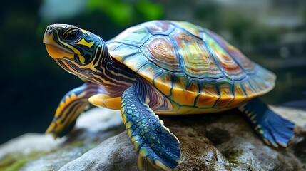 Fototapeta premium Colorful stylish turtle sits on a stone and waits for a designer to use it for his projects