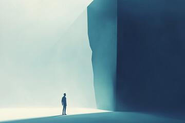 A tiny figure confronts an immense shadowy monolith in an ethereal landscape filled with light and mystery