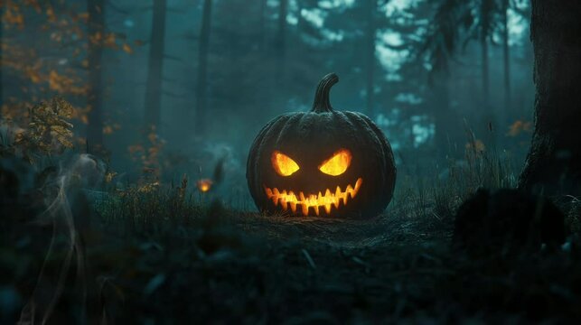 a beautiful fiery Halloween set in the forest at night with a thin mist. seamless looping time-lapse virtual 4k video Animation Background.