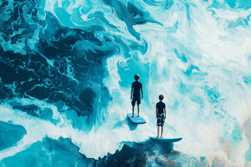 Fototapeta premium Boys surfing the vibrant waves at the beach, capturing the essence of freedom and joy in contemporary art form