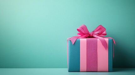 Obraz premium Gift Box with Pink Ribbon on Teal Background - Elegant Present for Celebrations and Special Occasions