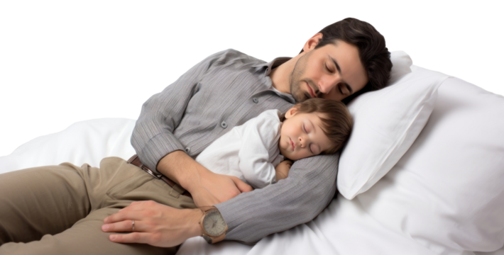 Father sleeping toddler adult.