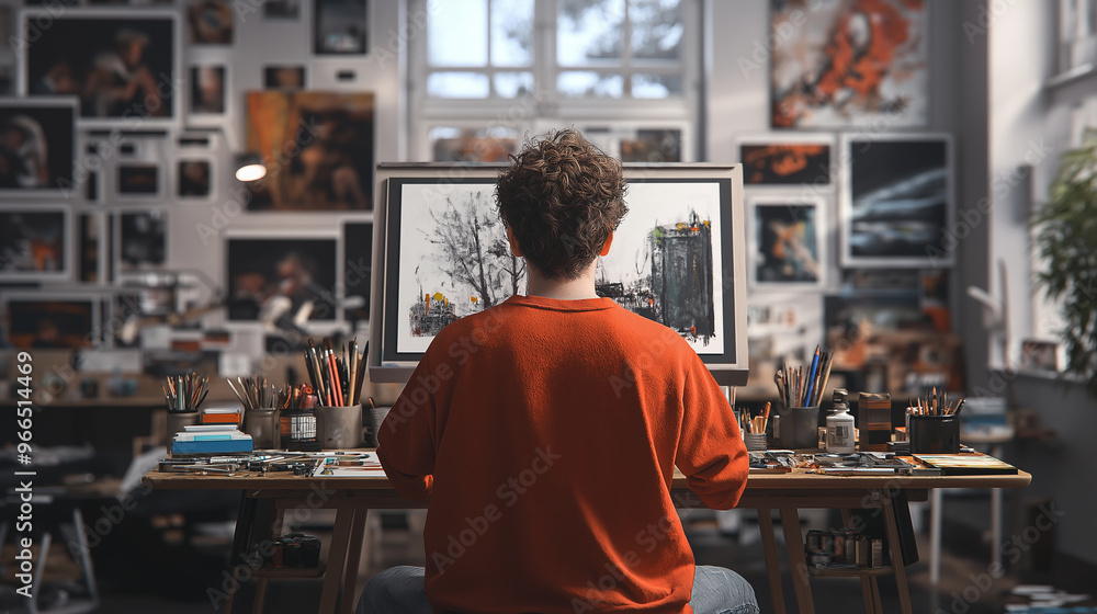Poster 3d rendering of a man looking inspired, with a canvas and art supplies around him in a studio settin