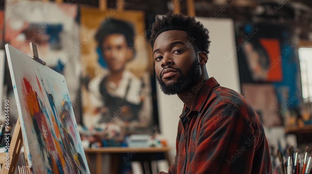 Poster 3d rendering of a man looking inspired, with a canvas and art supplies around him in a studio settin