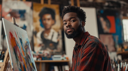 Fototapeta premium 3D rendering of a man looking inspired, with a canvas and art supplies around him in a studio setting.