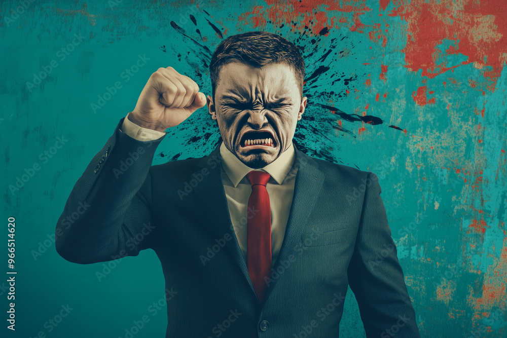 Wall mural a suited man expresses anger with a striking, abstract background showing emotional intensity and re