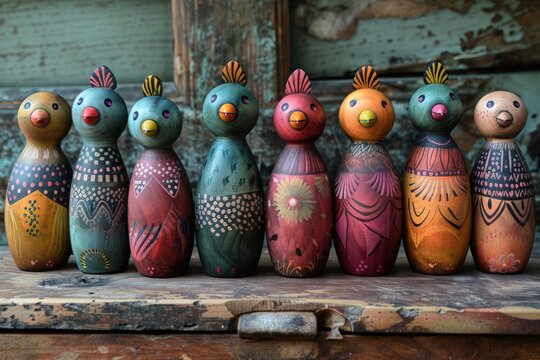 A row of seven colorful wooden bird figurines with different patterns and designs.