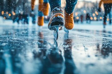 Youth speed skating on an outdoor rink amidst winter festivities and twinkling lights at sunset