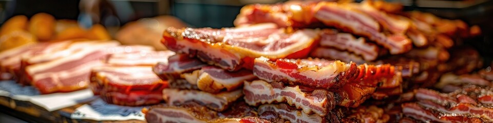 Pork Bacon Cuts Arranged at Market Stall