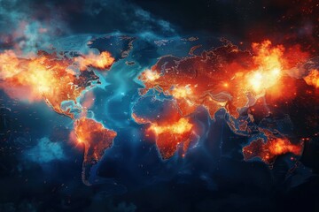 Fototapeta premium World map illuminated by multiple nuclear explosion flashes