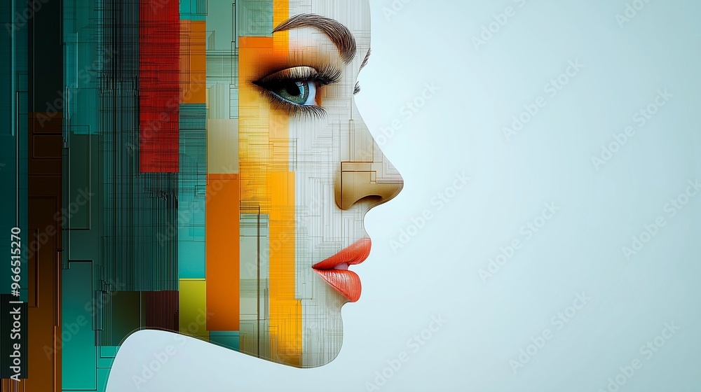 Aufkleber a woman's face is shown in a colorful, abstract style. the image is a work of art that combines diff