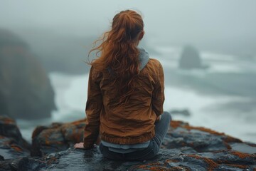 a woman sitting on a rocky shore, looking out at the ocean with a pensive expression