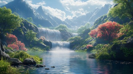 Scenic Waterfall in Lush Mountain Valley
