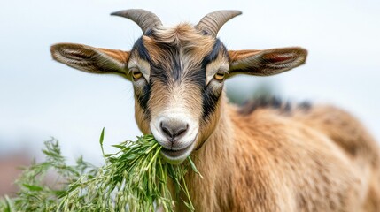 Close-up portrait of a brown and black goat eating grass
