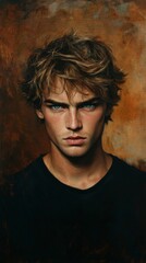 Fototapeta premium Portrait of a young man with intense gaze, digital painting. Contemporary art and emotional expression concept