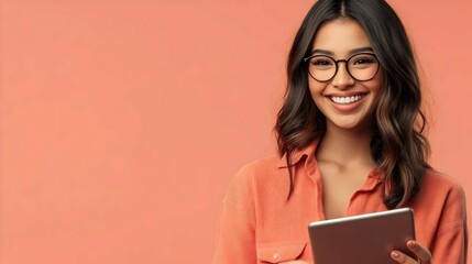 Smiling Young Hispanic Woman Wearing Glasses and Holding a Tablet. Isolated on a Peach Background. Ad Space. AI