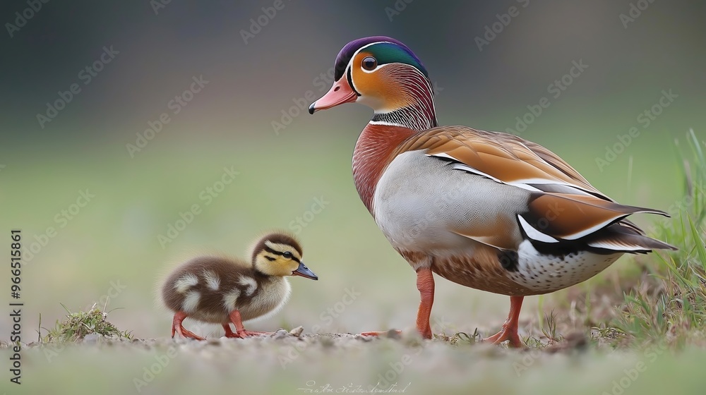 Poster a duckling and its mother are walking together in a grassy field. the mother duck is larger and has 