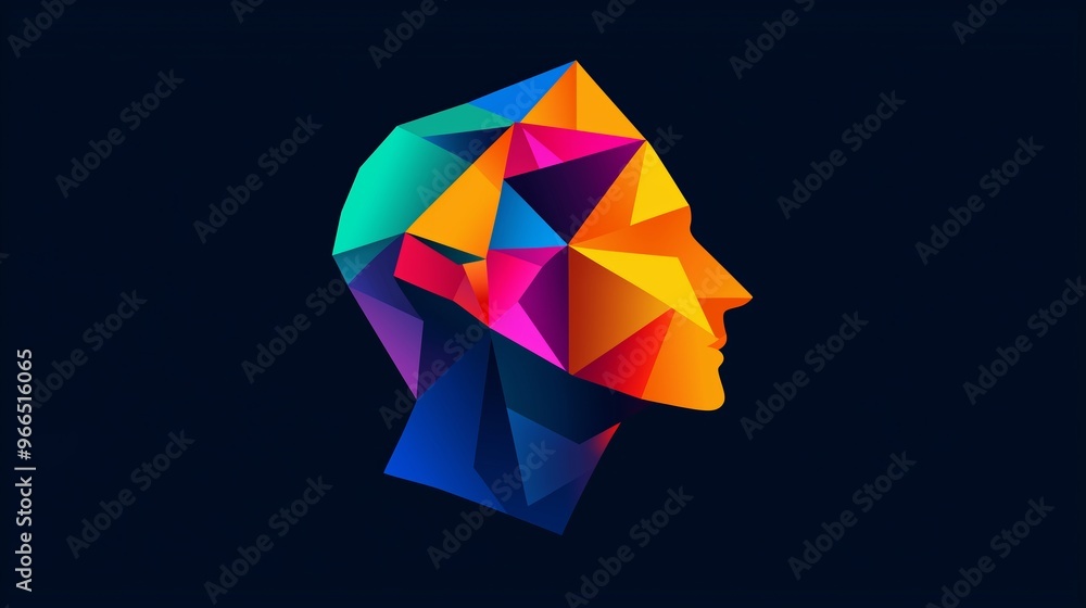 Aufkleber a colorful head with a triangle shape on it. the head is surrounded by a blue background. the head i