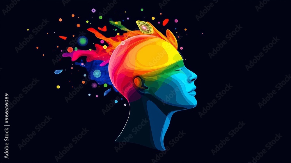 Aufkleber a colorful head with a rainbow of colors. the head is surrounded by a lot of colorful shapes and pat