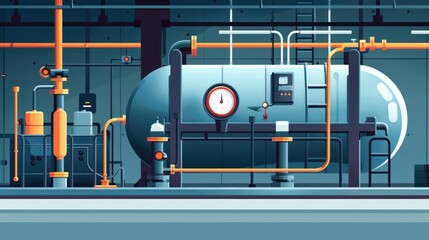 Detailed of complex industrial machinery automation control panels and interconnected piping systems in a modern metallic factory or plant interior background