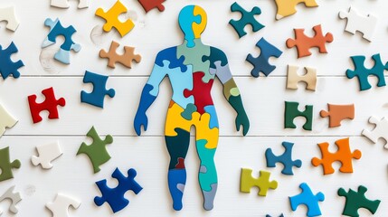 Naklejka premium A puzzle of a person with a brain and a heart is surrounded by other puzzle pieces. The puzzle is incomplete, and the person's body is missing. Concept of mystery and curiosity