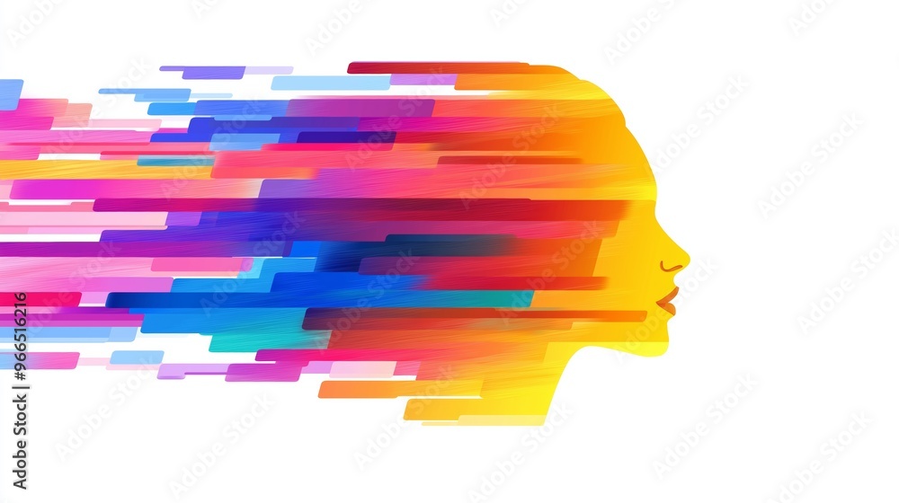 Aufkleber a colorful head with a yellow face and blue stripes. the head is in motion, giving the impression of