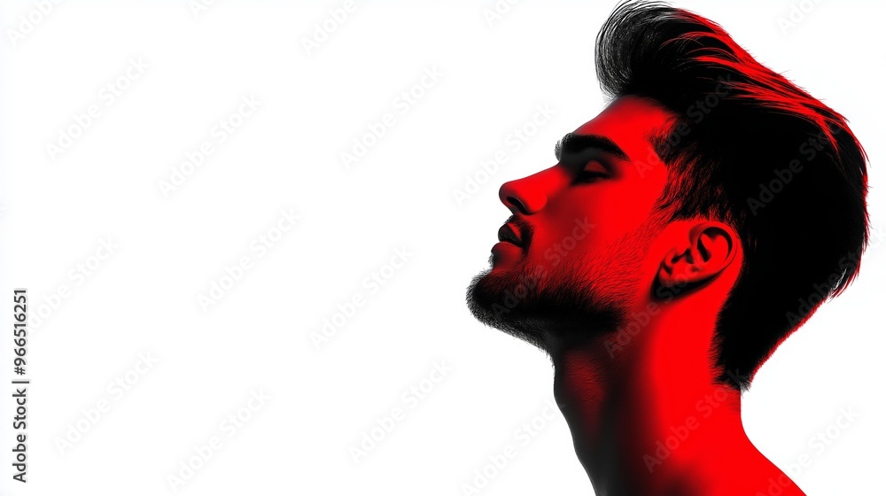 Poster a man with a red head and a red beard is looking up at the camera. the image has a bold and dramatic
