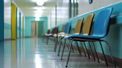 Fototapeta premium Waiting Room Chairs in a Retro Hospital Corridor