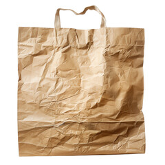 Close-up of a crumpled brown paper shopping bag with handles isolated on a white background, showcasing texture and material.