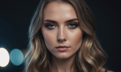 Fototapeta premium A woman with long blonde hair stares intensely at the camera, with a backdrop of out-of-focus lights