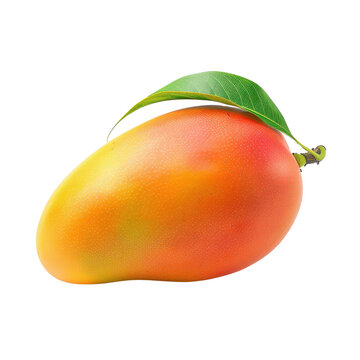 Close-up of a ripe, vibrant mango with a leaf on a white background. Perfect for tropical fruit themes or healthy diet concepts.