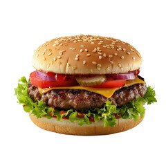 Delicious cheeseburger with a sesame seed bun, fresh lettuce, tomatoes, onions, and cheddar cheese. Perfect for a tasty meal or fast food promotion.