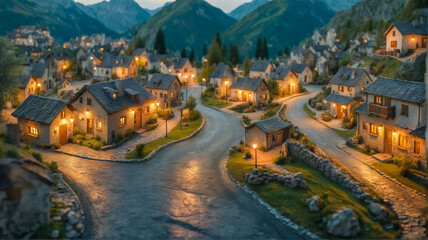 Fototapeta premium Night time village surrounded by trees and greenery