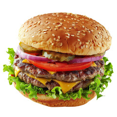 Delicious cheeseburger with fresh lettuce, tomato, onion, pickles, and cheddar cheese on a sesame seed bun. Perfect for any fast food lover!