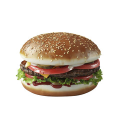 Delicious cheeseburger with fresh lettuce, tomato, pickles, and cheese, topped with sesame seed bun. Perfect for promotions and food menus.