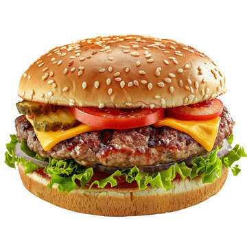 Delicious cheeseburger with a juicy beef patty, fresh lettuce, tomato, onion, and melted cheese in a sesame seed bun.