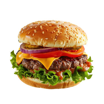 Delicious cheeseburger with fresh lettuce and cheese layered between a sesame seed bun, perfect for food advertisements and restaurant menus.