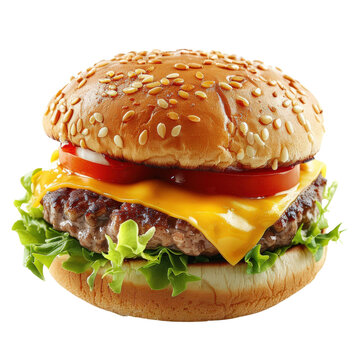 Delicious cheeseburger with fresh lettuce, tomato, and a juicy patty, topped with melted cheese in a sesame seed bun.
