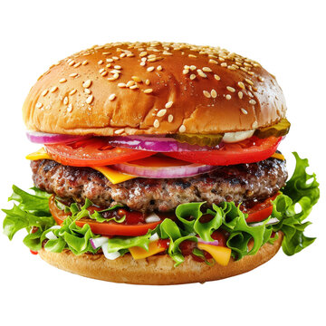 Delicious cheeseburger with fresh lettuce, tomato, onion, and pickles on a sesame seed bun. Perfect for fast food or a gourmet meal.