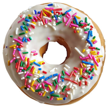 Delicious glazed donut with colorful sprinkles isolated on white background, perfect for bakery and dessert concepts.