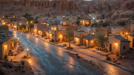 Small Desert town Dyorama depth of field  Deser town at night 