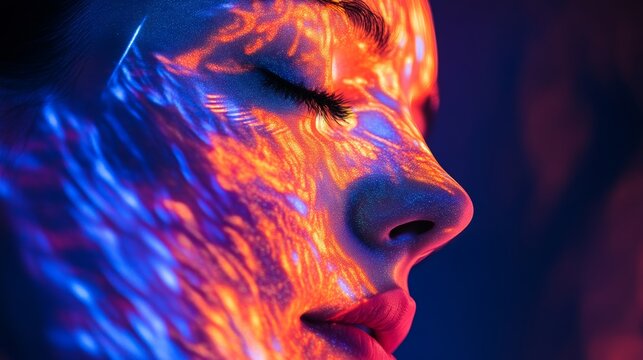 Close-up of woman's face with colorful light projections