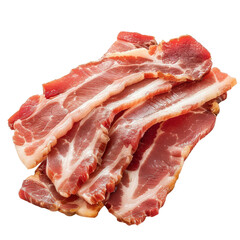 Top view of raw bacon slices isolated on white background, perfect for cooking, food preparation, or meat industry.