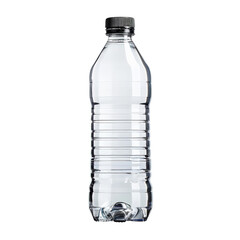 Transparent plastic water bottle with black cap, standing upright, isolated on white background, perfect for hydration and refreshment themes.