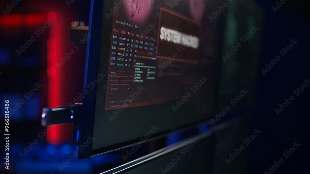 Poster hacker doing illegal activities in secret underground base, uploading usb flash drive containing dat