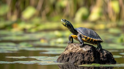 Fototapeta premium Turtle basking on a rock in a pond